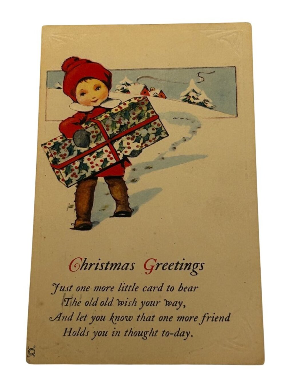Antique Christmas Postcard Child Carry Present Maine c.1910 Postmark 1927 JP NY